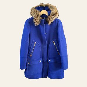 J.Crew Italian Stadium Cloth Wool Blend Hooded Coat Blue Faux Fur Trim Sz 8